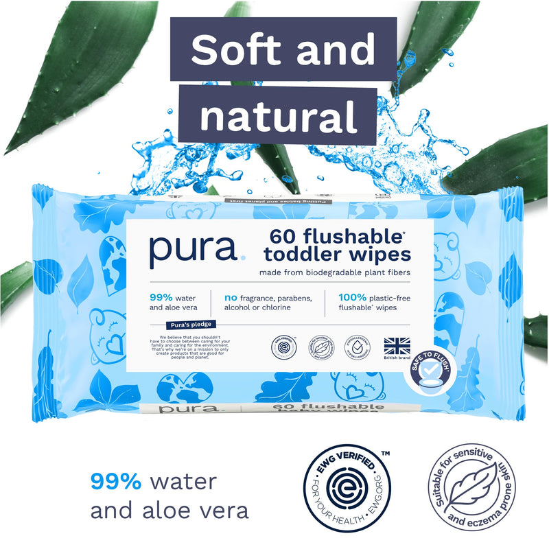 Pura Flushable Toddler Wipes 1 x 60 Wipes, 100% Plastic Free, 99% Water, Hypoallergenic & Fragrance Free, Totally Chlorine Free, Kids Toilet Wipes, Sensitive Skin 60 Count (Pack of 1) - BeesActive Australia