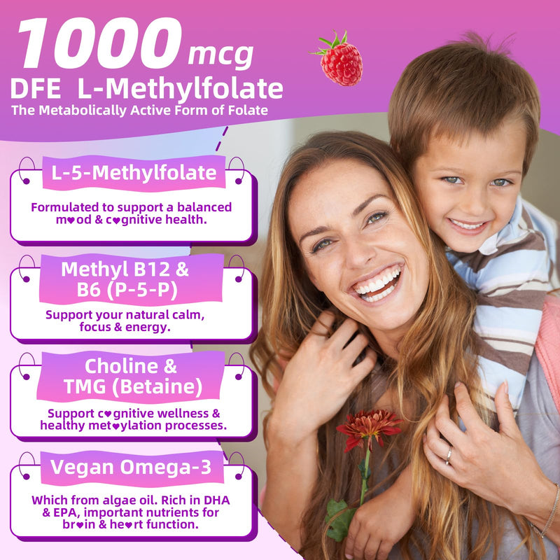 L-Methylfolate (5-MTHF) Gummies 1000mcg, Active Folate Supplement for Men & Women with Methyl B12, Choline, TMG & Omega-3, Sugar Free Vegan Raspberry, 60 Count 60 Count (Pack of 1)