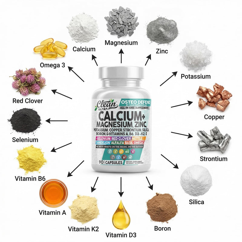 Allin1 Calcium Magnesium Zinc Supplement with Potassium, Copper, Strontium, Silica, Vitamin D3 K2, Boron, Vitamin B1 B12 Red Clover Herb Alfalfa Basil Pills for Men & Women Clean Nutra Osteo Defend