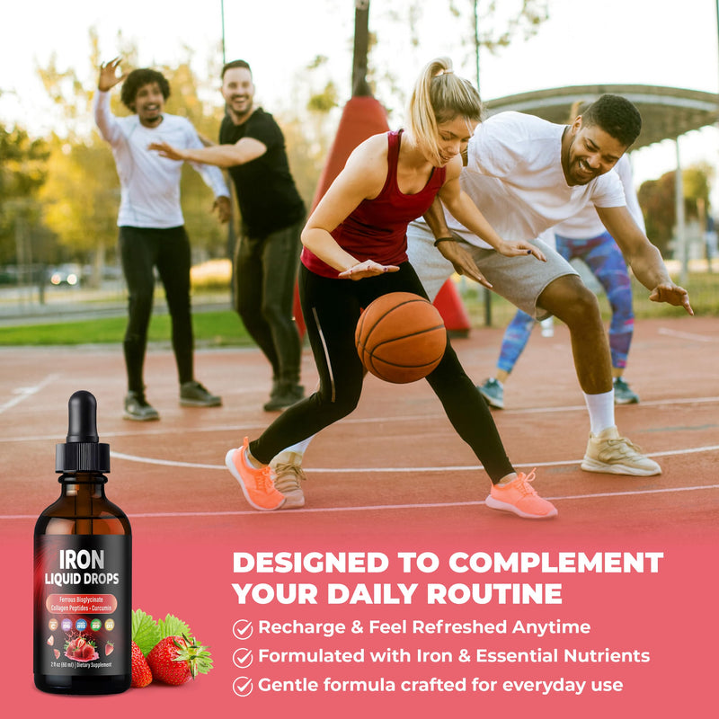 Liquid Iron Drops – with Vitamin C, B6, B12, Folic Acid, & Collagen | Strawberry Flavor - 2 Fl. Oz (60ml) 2 Fl Oz (Pack of 1)
