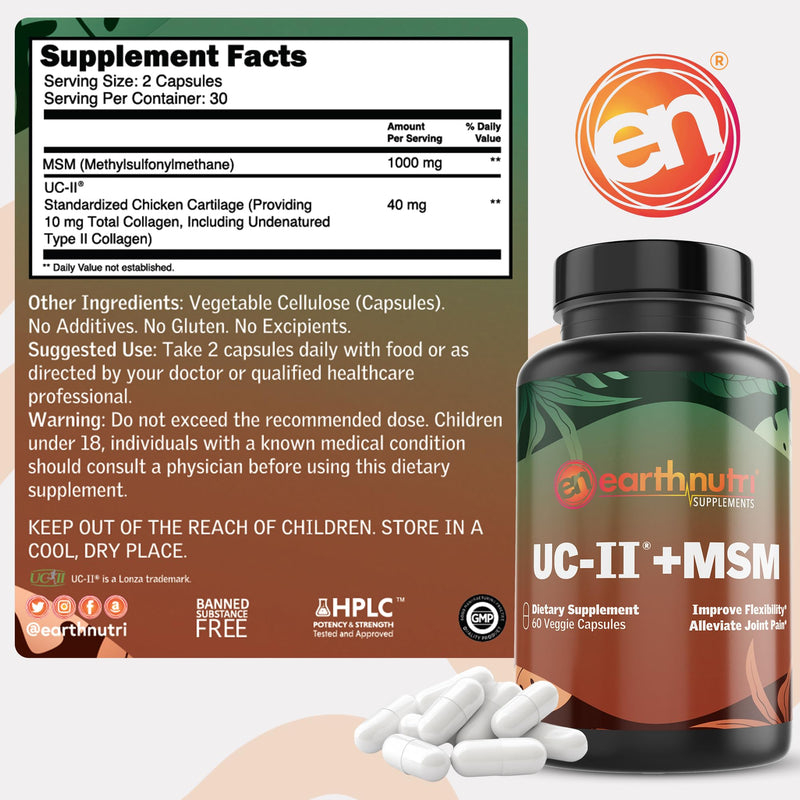EarthNutri UC-II Collagen & MSM Supplement for Bone Health and Joint Flexibility Joint Supplement - 40mg UC-II Providing 10mg Total Collagen & 1000mg MSM - 60 Capsules (2 Caps Daily)