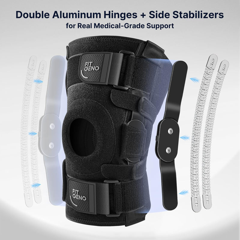 Fit Geno Hinged Knee Brace for Meniscus Tear: Adjustable Knee Support for Knee Pain w/Side Stabilizers & Hinges for Injury or Surgery Recovery - Men and Women Black Regular fits S/M/L/XL