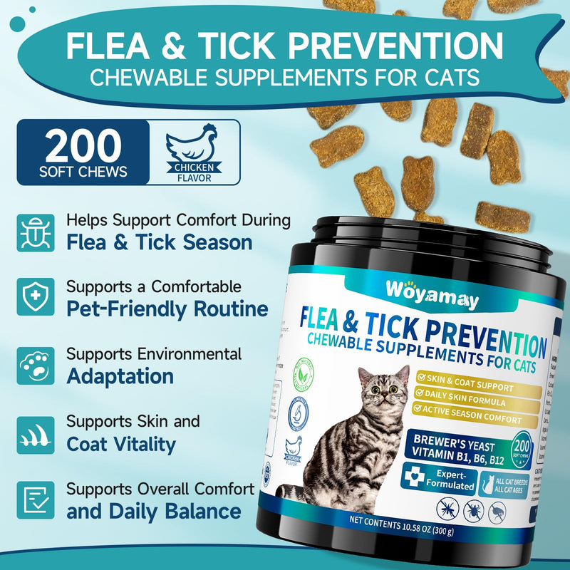 Woyamay Flea Support & Skin Comfort Treats for Cats, Daily Flea Care and Seasonal Skin Support Chewables, Chicken Flavor for Cats & Kittens of All Breeds