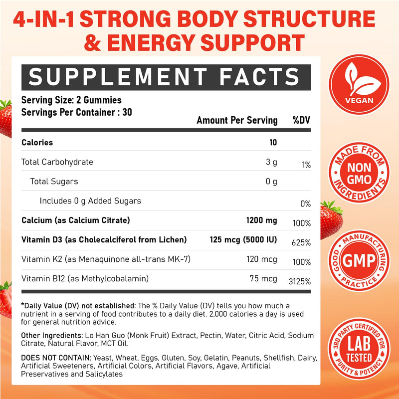 Calcium 1200 mg with Vitamin D3 Supplement for Adults - Calcium Gummies | Vitamin D3 5000IU, K2, B12 - Extra Absorption Calcium Citrate for Women Men - Natural Strawberry Flavor, 60 Gummies 60 Count (Pack of 1)