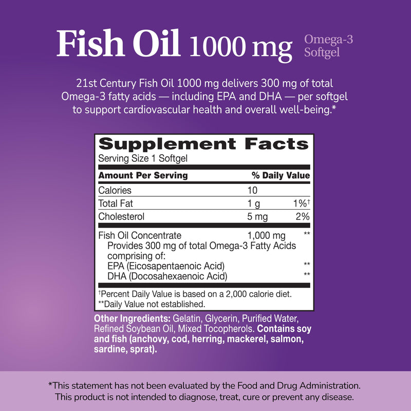 21st Century Fish Oil 1000mg Omega-3 Softgels, Mercury-Filtered, 120ct | Omega-3 Fish Oil with 300 mg EPA & DHA, Heart & Cardiovascular Health Support, Gluten Free, Non-GMO 120 Count (Pack of 1)