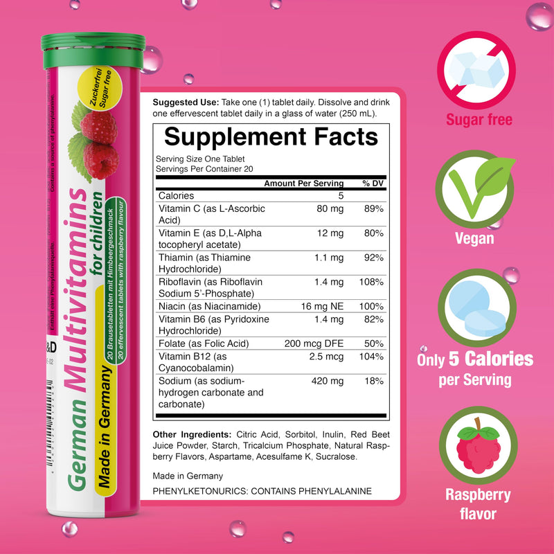 T&D German Multvitamin for Children 8 Vitamins - 40 Vegan Drink Effervescent Tablets - Raspberry Flavor - Made in Germany | Boost kids' health with potent, plant-based, fast-dissolving, immune-supporting effervescent multivitamins! 40 Servings