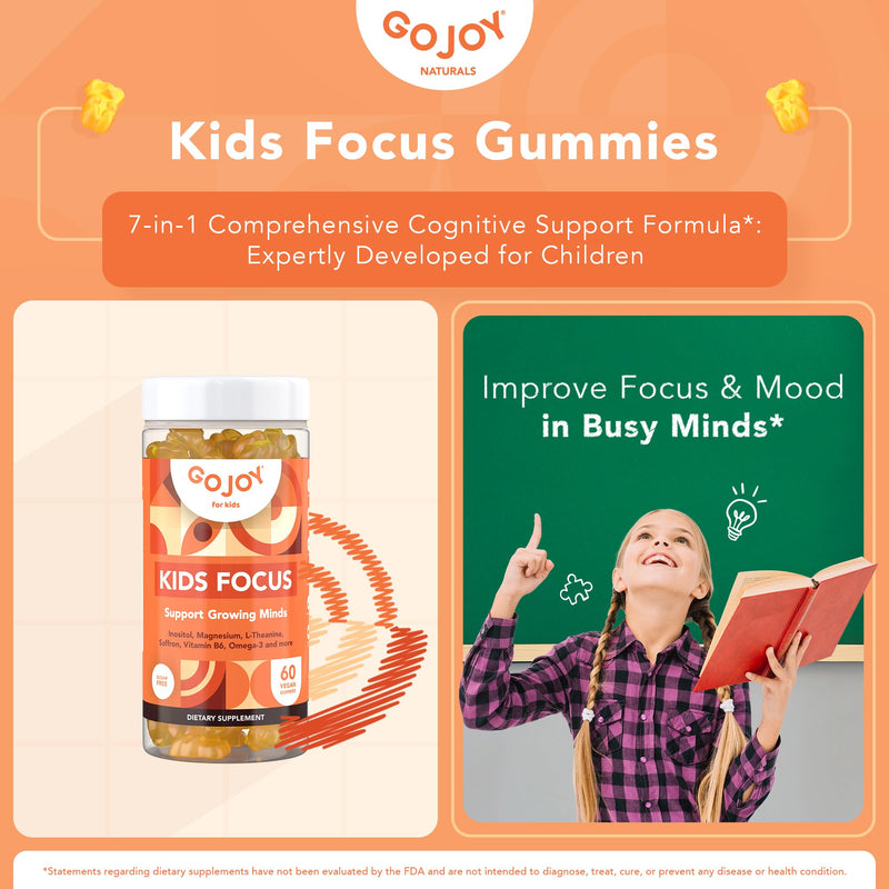GOJOY NATURALS Kids Focus Gummies – Saffron, Magnesium Glycinate, L-Theanine & Inositol Supplement for Kids & Teens – Focus, Attention & Calm – Vegan, Sugar-Free, Non-GMO 1