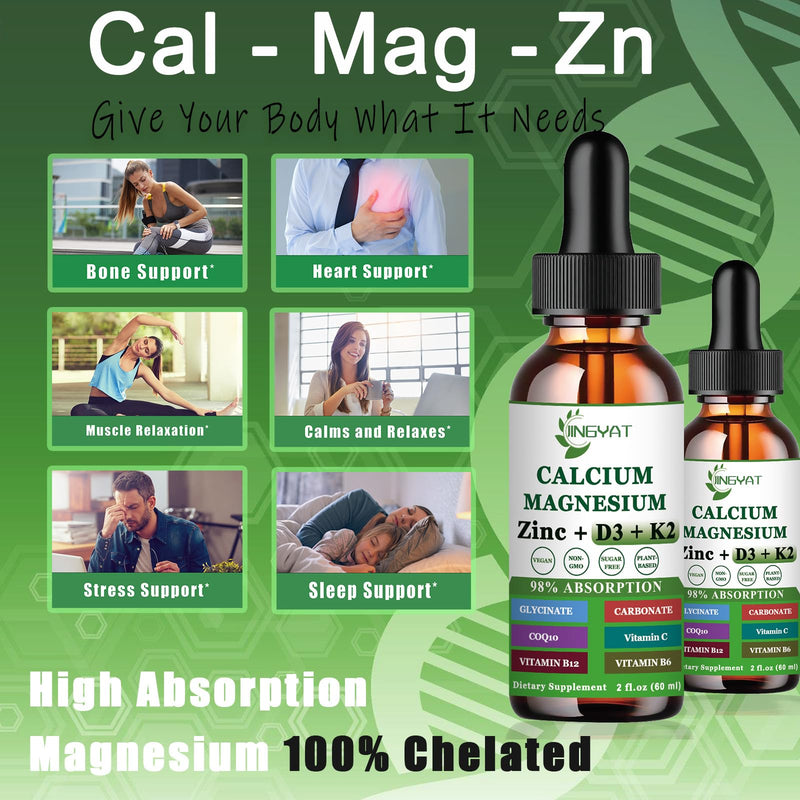 Calcium Magnesium Zinc Liquid Drops, Liquid Magnesium Glycinate 500mg Calcium 1000mg with Vitamin D3,K2,B6,B12,Coq10 for Bone Strength, Muscle Function,6X Stronger Than Gummies Capsules Mixed Berry 2 Fl Oz