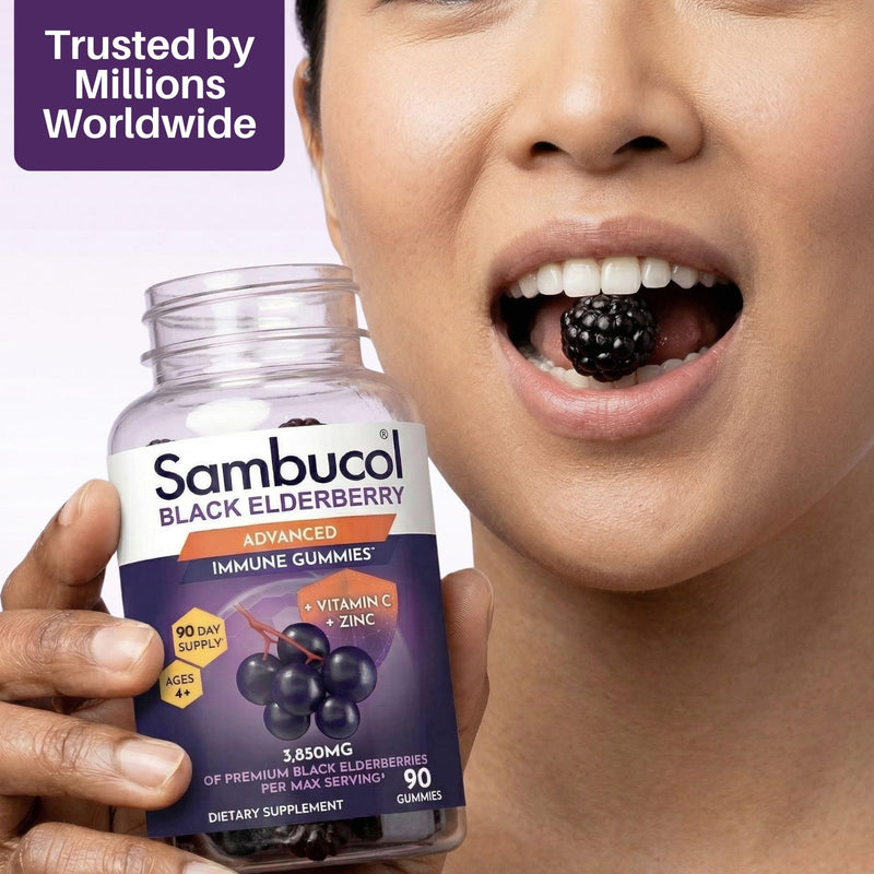 Sambucol Elderberry Gummies - Immune Support Supplement - 90 Count | Advanced Formula For Adults & Kids with Vitamin C & Zinc, Sambucol Elderberry are High in Antioxidants, Gluten Free, Vegan 90 Count (Pack of 1)