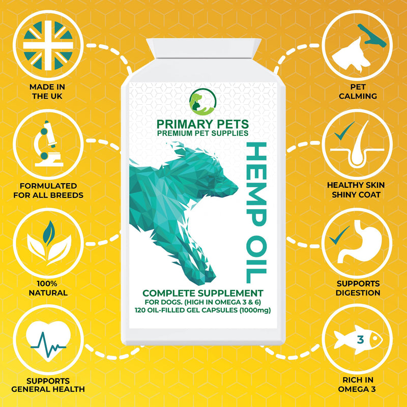 Primary Pets Premium Pet Supplies Hemp Oil for Dogs, 100% Natural Hemp Seed Oil, Calming 120 x 1000mg Soft Gel Capsules, Rich in Omega 3 & 6 Fatty Acids, Hip & Joint Support