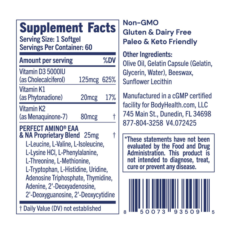 BodyHealth D3 + MK7 - Vitamin D3 5000IU, Vitamin K1, Vitamin K2 - Easy to Swallow Supplement, Supports Bone Strength & Calcium Absorbtion* - 60 Softgels