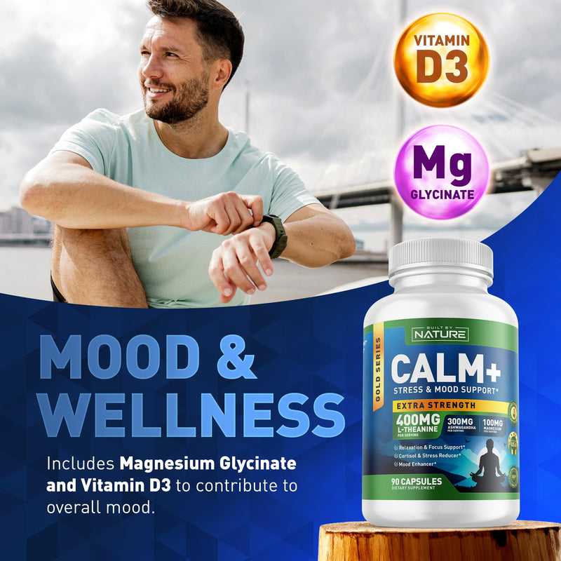 Built by Nature Calm+ Relaxation & Focus Supplement, 90 Capsules Stress, Cortisol & Mood Support, L-Theanine, Ashwagandha, Magnesium Glycinate, Vitamin D3