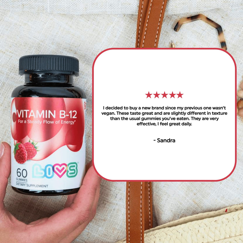 LIVS Vitamin B12 Gummies for Adults & Kids | Vegan Methylcobalamin B12 Supplement | Energy, Metabolism & Nerve Support | Raspberry Flavor | Non-GMO, Gluten-Free, Pectin-Based | 60 Count B 12 60 Count (Pack of 1)