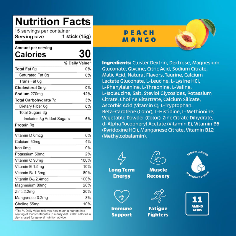 LivPur Electrolyte Drink Mix, Instant Hydration Powder with Vitamin C, B6, B12 & Essential Amino Acids for Muscle Support & Immune Health, Sports Essentials, Peach Mango Flavor, 15 Stick Packs - BeesActive Australia