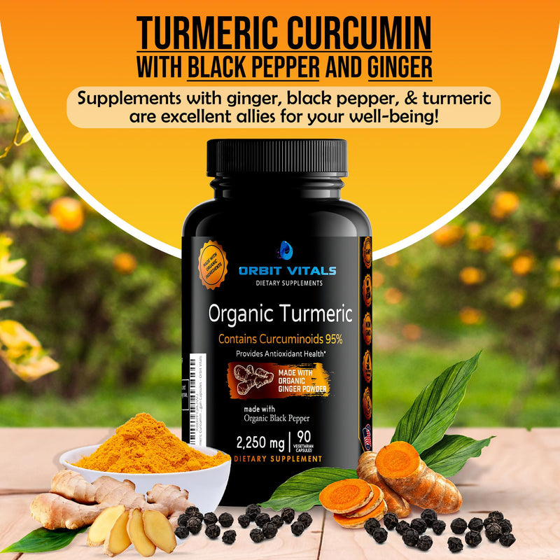Organic Turmeric Curcumin with Black Pepper & Ginger 2250mg, 95% Standardized Curcuminoids - Helps Inflammation, Maintain Strong Joints & Healthy Immune, Gluten Free 90 Vegan Capsules - BeesActive Australia