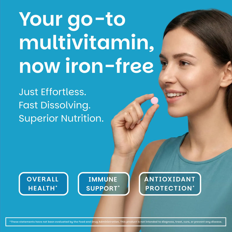 EZ Melts Multivitamin Without Iron - Daily Supplement with 18 Vitamins & Minerals - Contains Vitamin C, Folate, Biotin & More - Non-GMO & Vegan - Apple - 60 Dissolvable Tablets (30 Servings) 60 Count (Pack of 1)