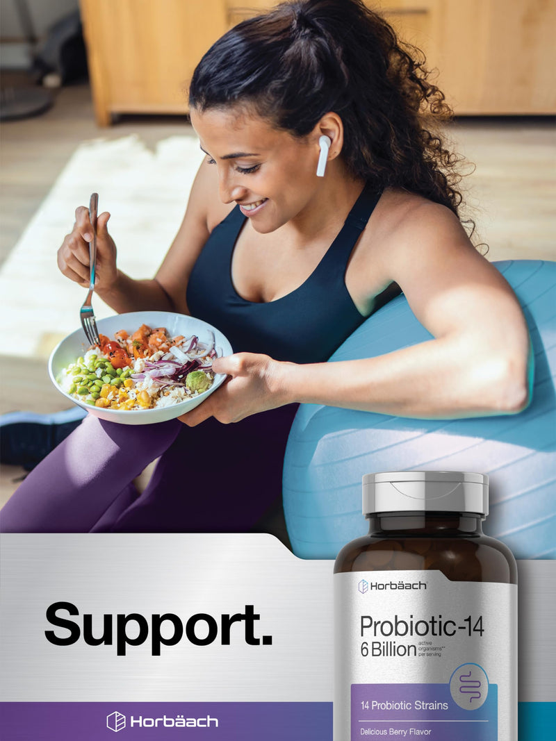 Horbäach Probiotics 6 Billion CFUs | 200 Chewable Tablets | Berry Flavor | 14 Probiotic Strains | Vegetarian, Non-GMO & Gluten Free Supplement for Men & Women
