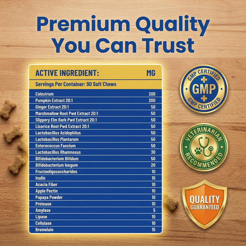 Advanced Dog Gut & Immune Support - Probiotics for Dogs Upset Stomach & Gas Relief with Pumpkin, Slippery Elm,Colostrum & Digestive Enzymes, Duck Flavor