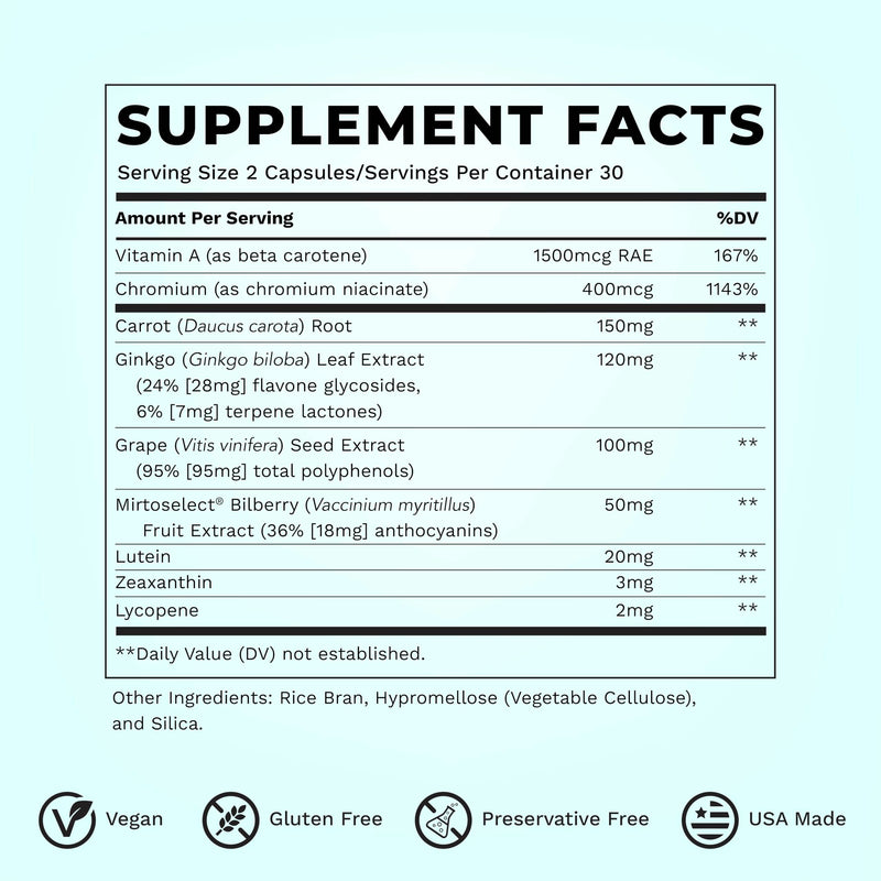 Visibili-T - Vitamin Supplement for Eye Health & Vision Support - Carrot Root, Chromium, Bilberry, Ginkgo Biloba, Grape Seed Extract, Lycopene, Vitamin A, Lutein & Zeaxanthin - 60 Capsules 60 Count (Pack of 1) Original - BeesActive Australia