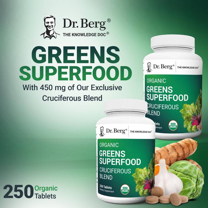 Dr. Berg's Greens Superfood Cruciferous Vegetable Tablets - Vegetable Supplements for Adults w/ 11 Phytonutrient Super Greens Tablets - Energy, Immune System & Liver Veggie Tablets - 250 Tablets Organic Greens Superfood (250 Tablets)