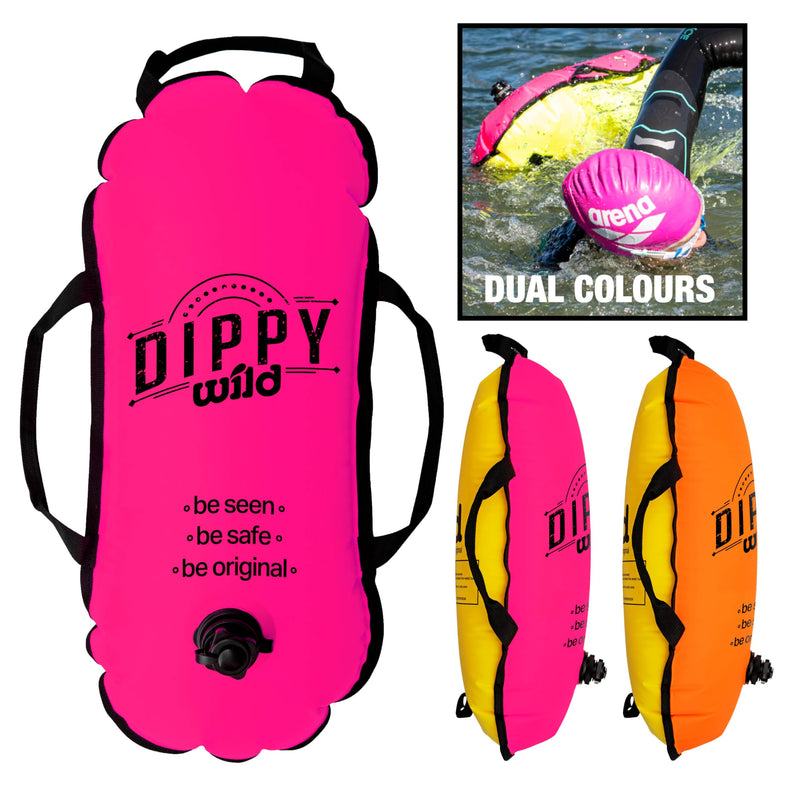 Wild Swim Buoy for Open Water Swimmers | Waterproof Tow Float Swim Bubble for Adults | Triathlon Buoy Float | Swimmer Gear | Wild Swimming Accessories Pink/Yellow