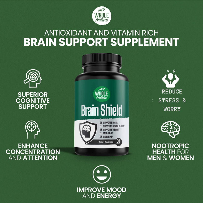 Brain Booster Nootropics - Brain Shield with Ginkgo Biloba, Alpha GPC and Bacopa Monnieri, Vitamin B12, B3 - Support Focus, Memory & Clarity, Energy & Stress Relief. (1)