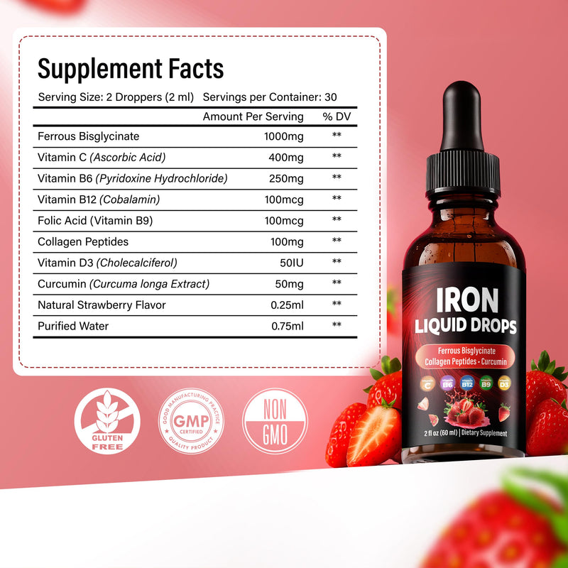 Liquid Iron Drops – with Vitamin C, B6, B12, Folic Acid, & Collagen | Strawberry Flavor - 2 Fl. Oz (60ml) 2 Fl Oz (Pack of 1)