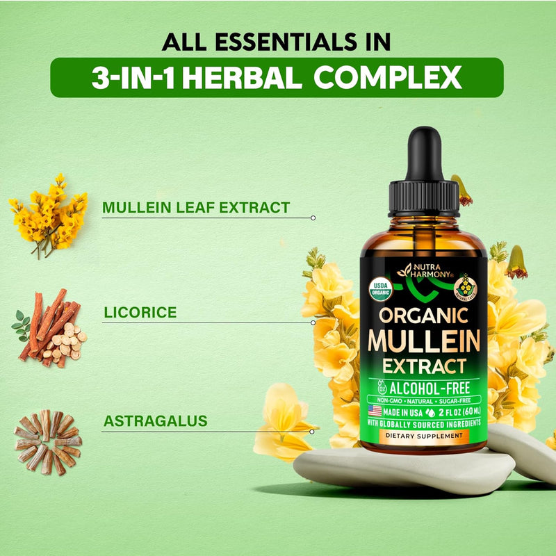 Mullein Drops for Lungs- Mullein Leaf Extract for Lungs-Support Lung Cleanse & Respiratory Function for Healthy Breathing | Non-GMO | Vegan | 2 fl oz Unflavoured