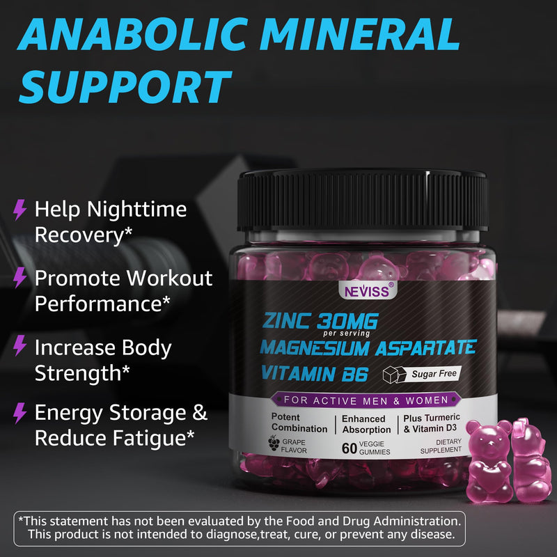 Zinc and Magnesium Aspartate Recovery Supplement, Post Workout Gummies | Nighttime Gummies for Men Women, w/ Vitamin B6, B12, D3, Turmeric, Reduce Fatigue, Boost Immunity & Sleep, Sugar Free, 120Ct 60 Count (Pack of 2)