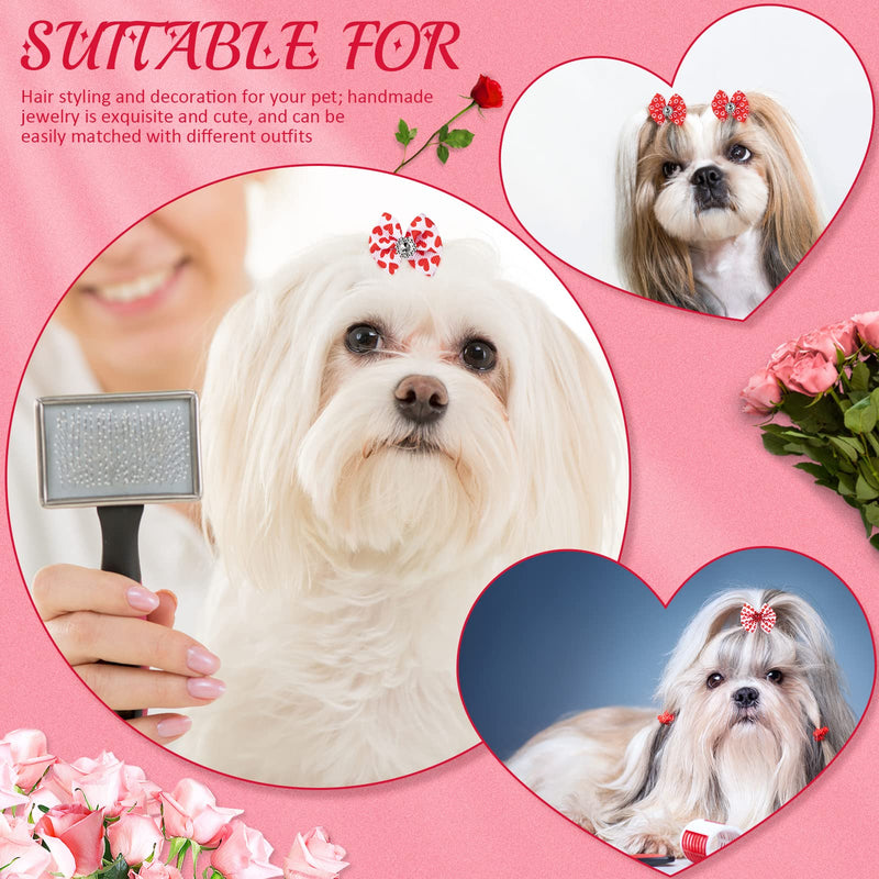 Chuangdi 24 Pcs Valentine's Day Dogs Hair Bows for Pet Hair Bows with Rubber Band Ribbon Curly Dog Hair Bows Adorable Rhinestone Dog Bows Puppy Bows Cat Dog Hair Accessories Heart Pattern - BeesActive Australia