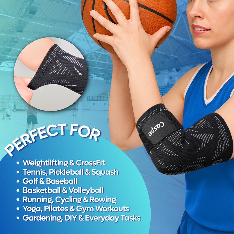 Caspe 2 Pack Elbow Compression Sleeve with Strap – Compression Sleeves for Women & Men, Arm Support, Elbow Brace for Tendonitis Relief, Support for Weightlifting & Workouts (Black) Large