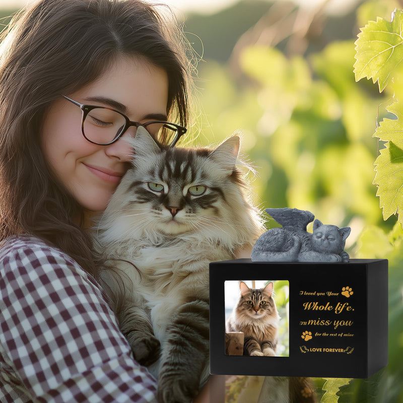 DiDiBirDi Animal urns for cats, pet cremation box, black cat urns made of wood for ashes, comes with a cat angel statue made of resin and a velvet bag for storing the ashes - BeesActive Australia