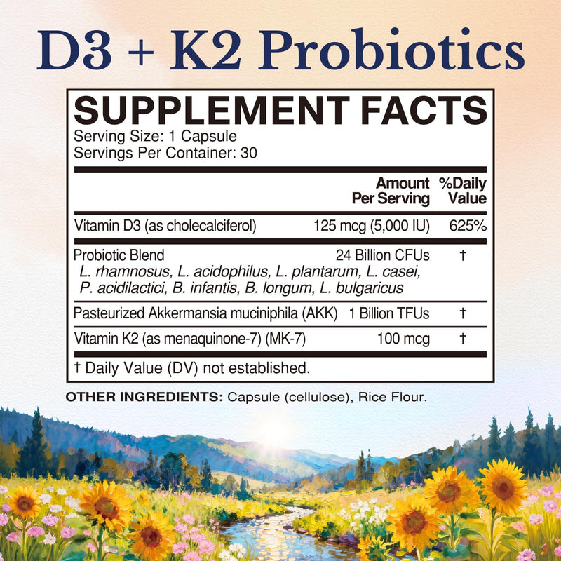 Vitalitown D3 + K2 Probiotics, 5000 IU D3, 100 mcg K2 as MK-7, 24 Billion CFUs, 9 Strains, Pasteurized Akkermansia Muciniphila, Non-GMO, Energy, Mood & Digestive Health, 30 Capsules