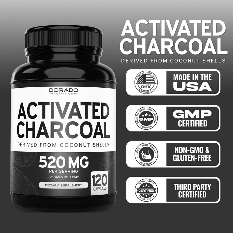 Organic Activated Charcoal Pills (120 Capsules) Activated Charcoal Derived From Coconut Shells Support Bloating & Detox 520mg Per Serving for Women & Men - Third Party Tested - Non GMO & USA Made - BeesActive Australia