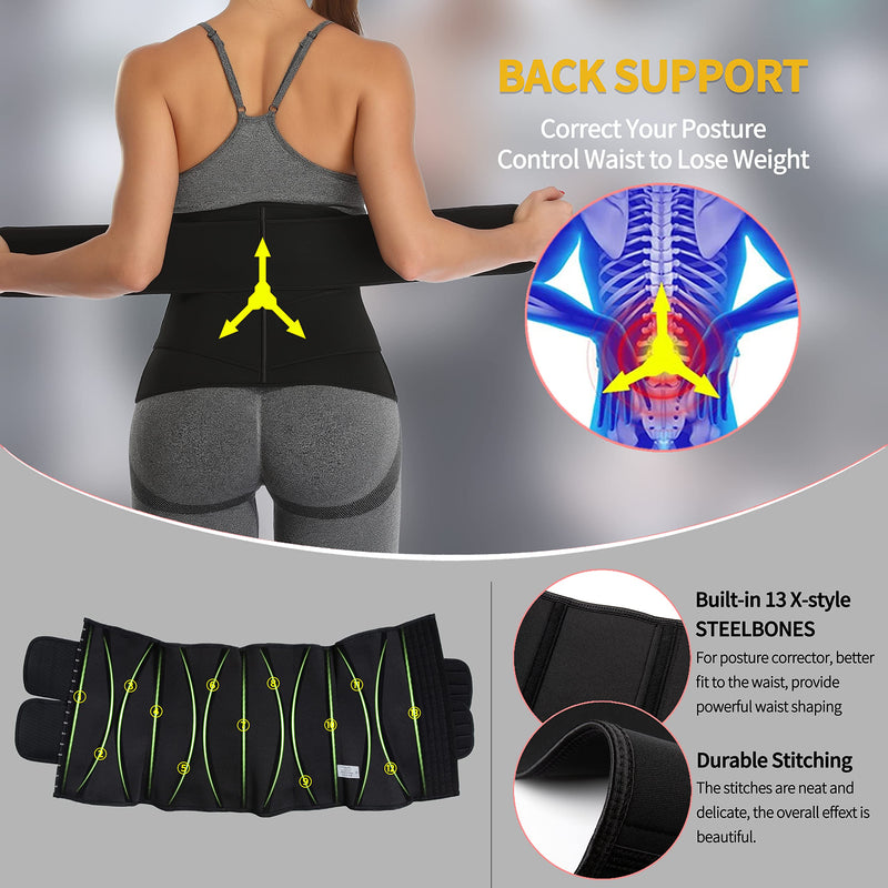 KIWI RATA Neoprene Sauna Waist Trainer Corset Sweat Belt for Women Compression Cincher Band Workout Fitness Back Support Medium #3 Hooks Black(13 X-steel Bones 2 Straps)
