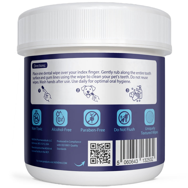 NOVEHA 50PCs Pets Dental Finger Wipes for Dogs & Cats | Freshens Breath, Reduces Plaque | Healthier Gums | Clean Teeth No Toothbrush | Vet Recommended Effective Natural Oral Care | Flavor-Free