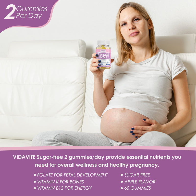 VIDAVITE Sugar Free Prenatal Gummies — Vegan Prenatal Vitamins for Women | US-Made, 30+ Nutrients (Choline, Folate, Iron, Vitamin) for Fetal and Neural Support, Energy Boost & Immunity (60 Gummies)