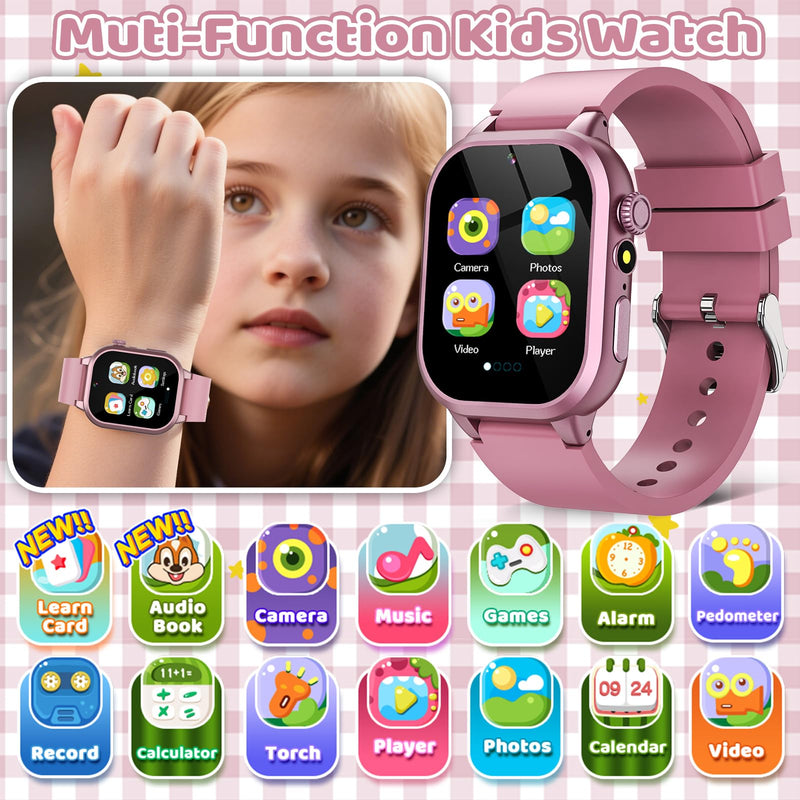 OVV Kids Game Smart Watch 1.54" HD Touch Screen, 30+ Educational Games, Camera, Pedometer, Alarm, MP3 Player, Auidobook, Learn Card,Time Tools, Parental Control, Wrist Watches for Boys Girls Age 4-12 Pink - BeesActive Australia