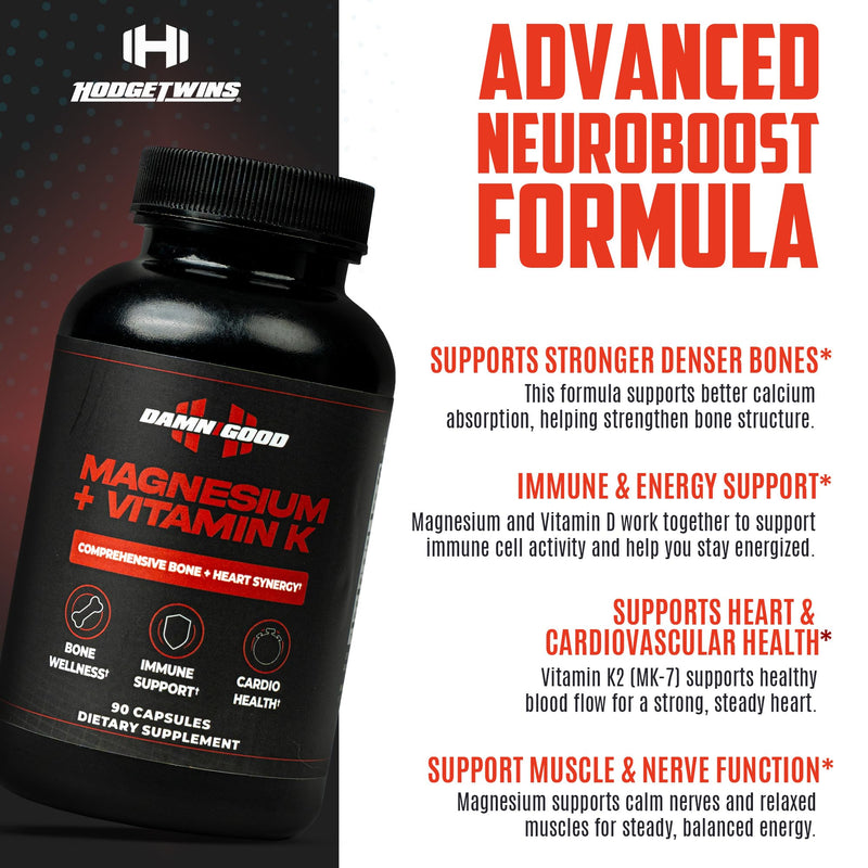DAMN GOOD Hodge Twins Magnesium with Vitamin K, 90 Capsules | Magnesium with vitamin K, 90 capsules supporting calm, muscle, bone & nervous-system health for daily wellness