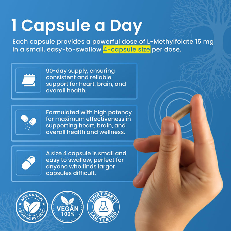 L-Methylfolate 15mg | 90 Capsules | Optimized & Highly Bioactive Methyl Folate Supplement | 5-MTHF Supports for Energy, Focus & Mood | Non-GMO, Gluten Free, Vegan | 3 Month Supply 15 mg