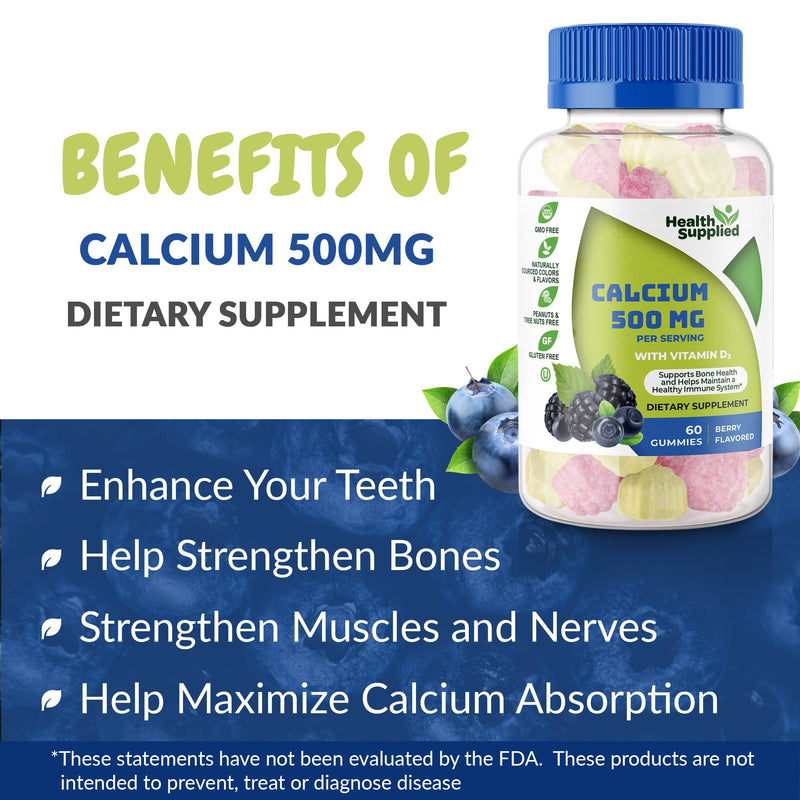 Health Supplied Calcium 500mg with Vitamin D3 1000 IU Gummies | Daily Dietary Supplement | Bone Strength, Growth, Teeth | for Adults, Teens, Kids | Great Tasting Natural Berry Flavor Vitamin Gummy 60 Count (Pack of 1)
