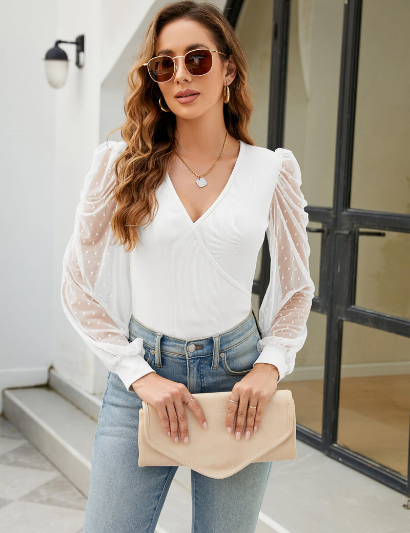 Womens Tops Deep V Neck Cross Wrap Sexy Tops Polka Dot Mesh Long Sleeve T Shirt Casual Blouses Large White - BeesActive Australia
