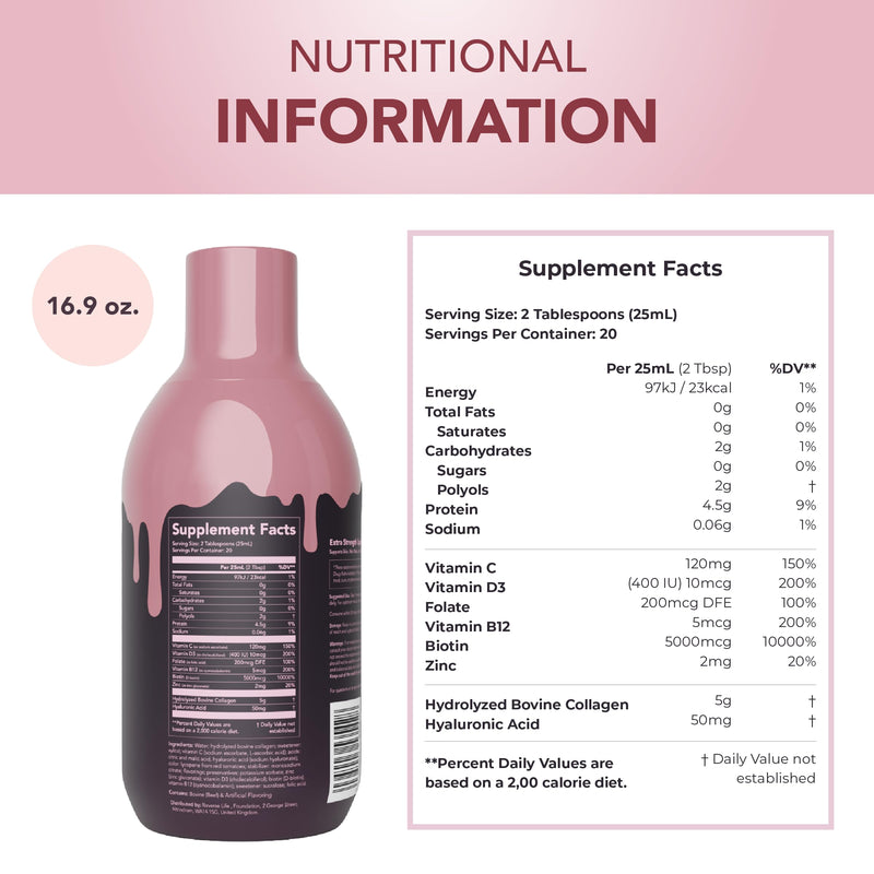 Reverse Life Strawberry Gelato Collagen 500ml, Skin, Hair & Nails | Skin, Hair & Nails Support for Women & Men, Bovine Collagen with Biotin, Vitamin D3, Folic Acid & Hyaluronic Acid