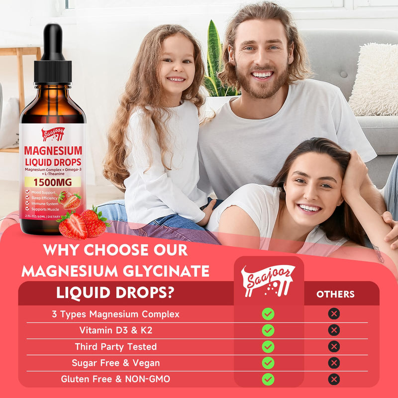 2 Pack Magnesium Glycinate Liquid Drops, 1500mg Magnesium Liquid Supplement with Vitamin B6, D3, L - Theanine, Omega3,Support Night, Muscle, Bone, Mood, Strawberry Flavor - 4 Fl Oz (120ml) Bottle 2pack