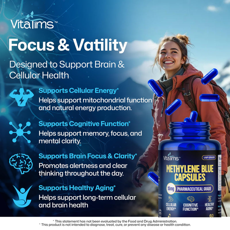 Methylene Blue Capsules 15mg - USP Grade Pharmaceutical Supplement, 99% Pure with Vitamin C Ester - Non-GMO, Vegan Pills for Focus, Memory & Cognitive Energy - 60 Count