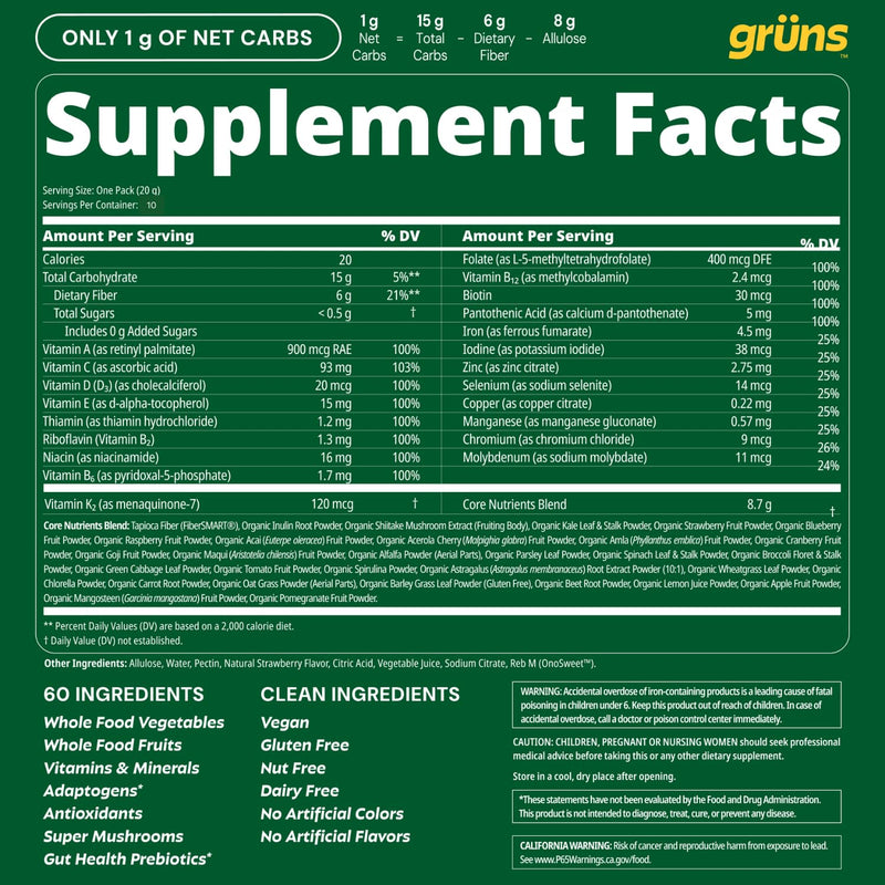 Adult Greens Gummies Sugar Free Multivitamin & Prebiotic Fiber, 10 ct | Daily Supplement for Men and Women with Vitamins, Minerals, Adaptogens, Fiber 10 Count (Pack of 1)