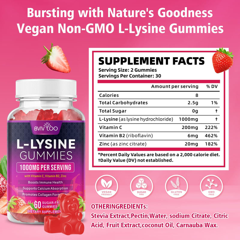 2 Pack L-Lysine 1000mg Gummies for Immune Support & Skin Health - High Potency Vegan Gummies, Sugar-Free, Natural Berry Flavor, Gluten-Free Chewable Supplement for Adults & Kids - 120 Gummiess 2pack