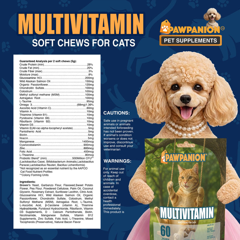 Multivitamin Soft Chews for Cats, Daily Vitamins & Immune Support, Joint Skin Gut Health Formula, Probiotics + Omega + Vitamins, 60 Soft Chews Salmon Flavor Multivitamin