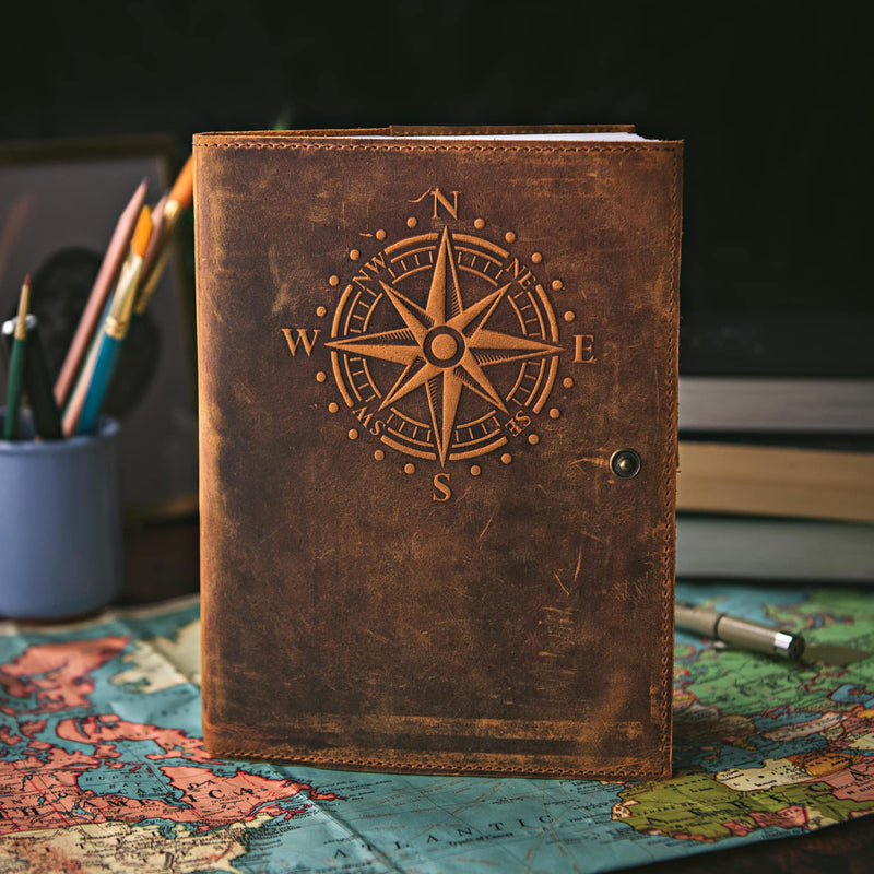 Travel Journal Series by Modest Goods - Refillable Leather Cover and A5 Notebook - Travel Accessories for Men & Women - Great for Traveler Adventure Journal, Vacation Scrapbook, Planner (Compass) Compass