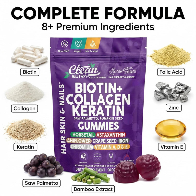 Biotin Gummies for Hair Growth, Hair Vitamins for Women with Collagen Keratin Zinc Saw Palmetto Horsetail Astaxanthin Pumpkin Seed MSM Grape Seed Iron Vitamins A D E, GrowVana by Clean Nutra 90 Count